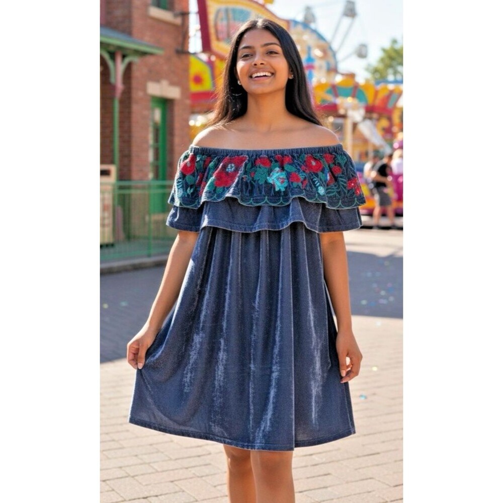 Umgee USA womens NEW off shoulder floral embroidered velour dress Large
